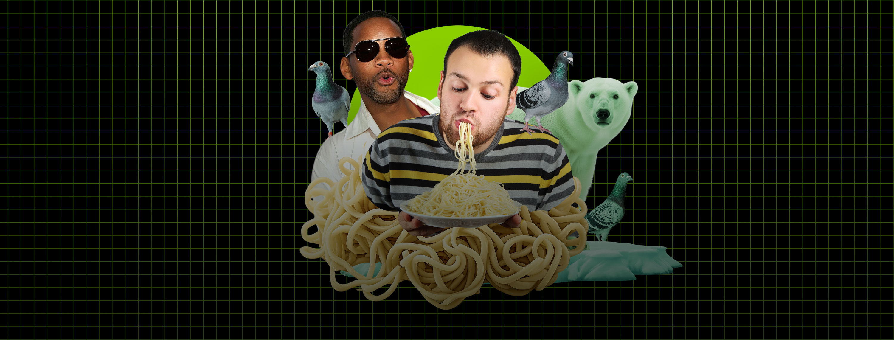 Человек ест спагетти с голубем на плече. Уилл Смит смотрит сзади, сложив губы в удивлении, в то время как другие голуби и белый медведь отдыхают на льдине.