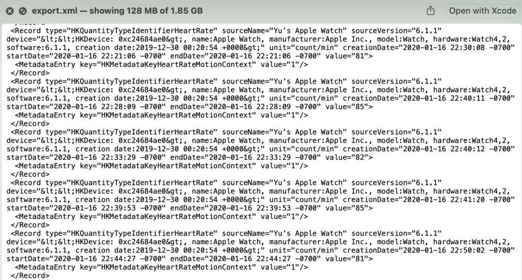 Снимок экрана необработанных данных XML